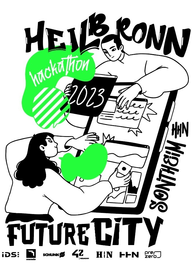 Plakat Hackathon 2023. Zu sehen sind eine weibliche und eine männliche Comicfigur, mit einem übergroßen Smartphone.