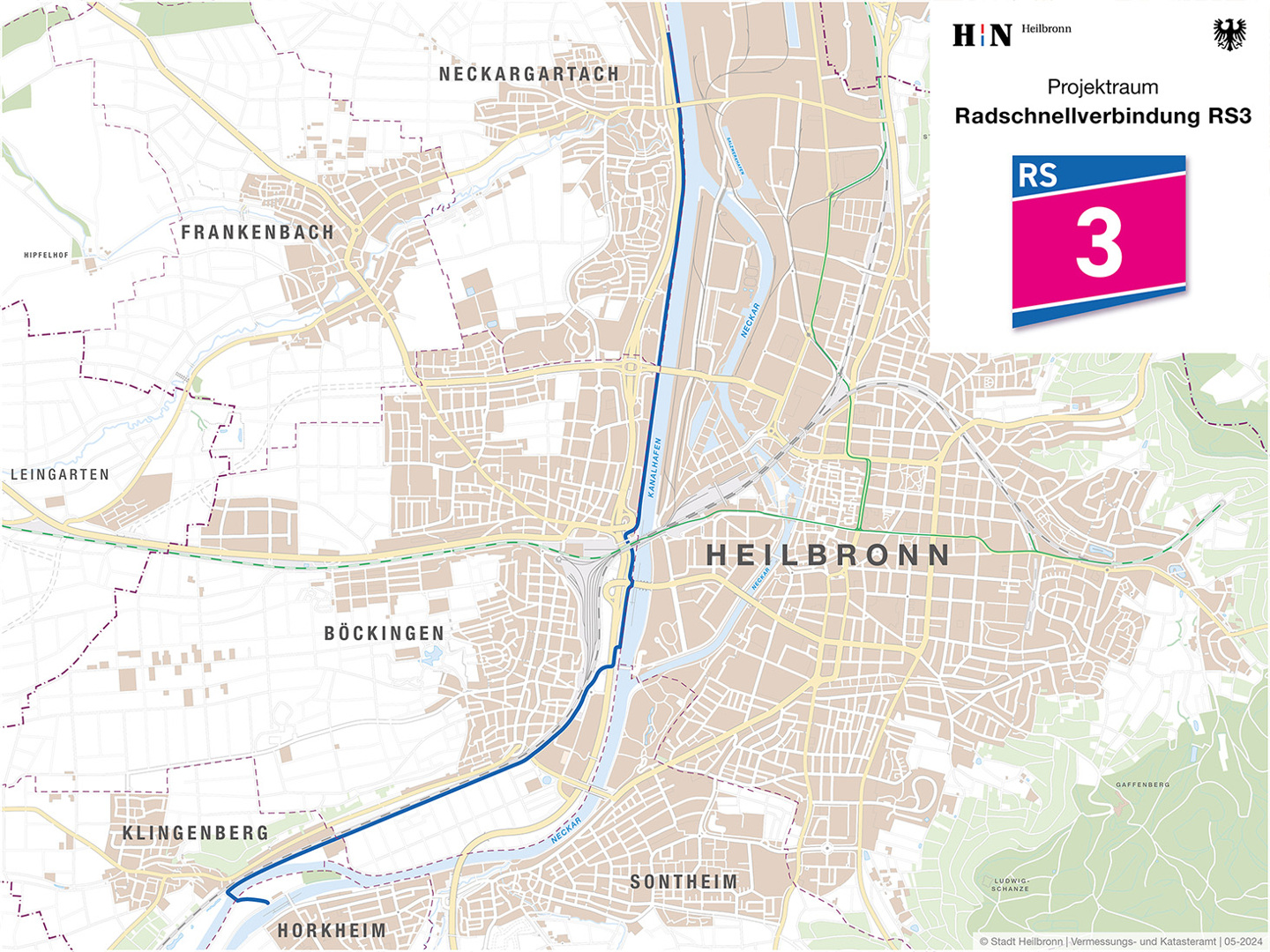 Auf einer Heilbronner Stadtkarte ist die von der Stadt Heilbronn vorgeschlagene Route für die Radschnellverbindung RS3 eingezeichnet. Sie führt von Neckargartach bis zur Höhe der Böckinger Viehweide den Neckar entlang. Ab dem Bereich Viehweide sieht der Vorschlag vor, dass die Trasse entlang der Bahngleise der Strecke Stuttgart-Heilbronn verläuft. Ende der Trasse ist am Klingenberger Steg.