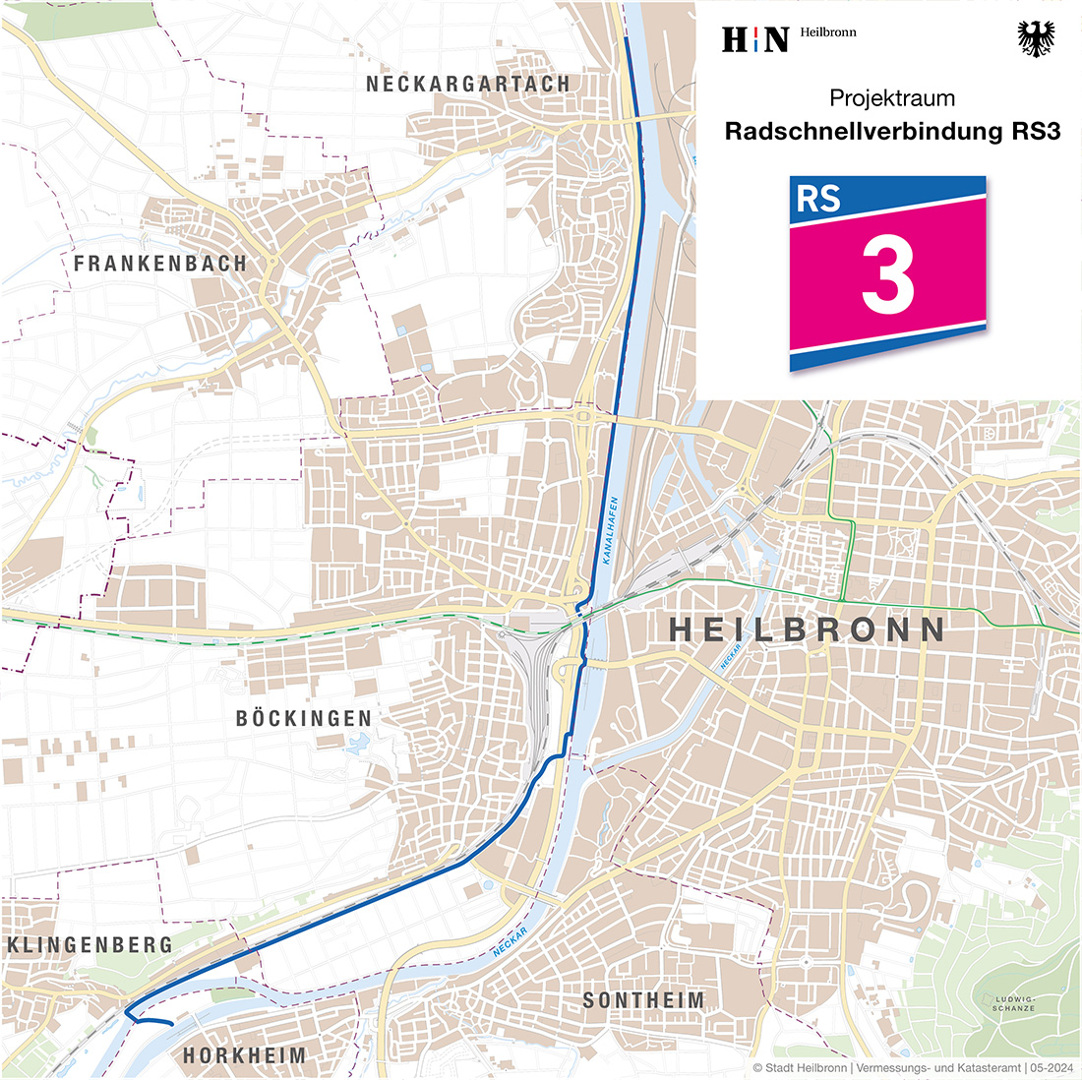 Auf einer Heilbronner Stadtkarte ist die von der Stadt Heilbronn vorgeschlagene Route für die Radschnellverbindung RS3 eingezeichnet. Sie führt von Neckargartach bis zur Höhe der Böckinger Viehweide den Neckar entlang. Ab dem Bereich Viehweide sieht der Vorschlag vor, dass die Trasse entlang der Bahngleise der Strecke Stuttgart-Heilbronn verläuft. Ende der Trasse ist am Klingenberger Steg.