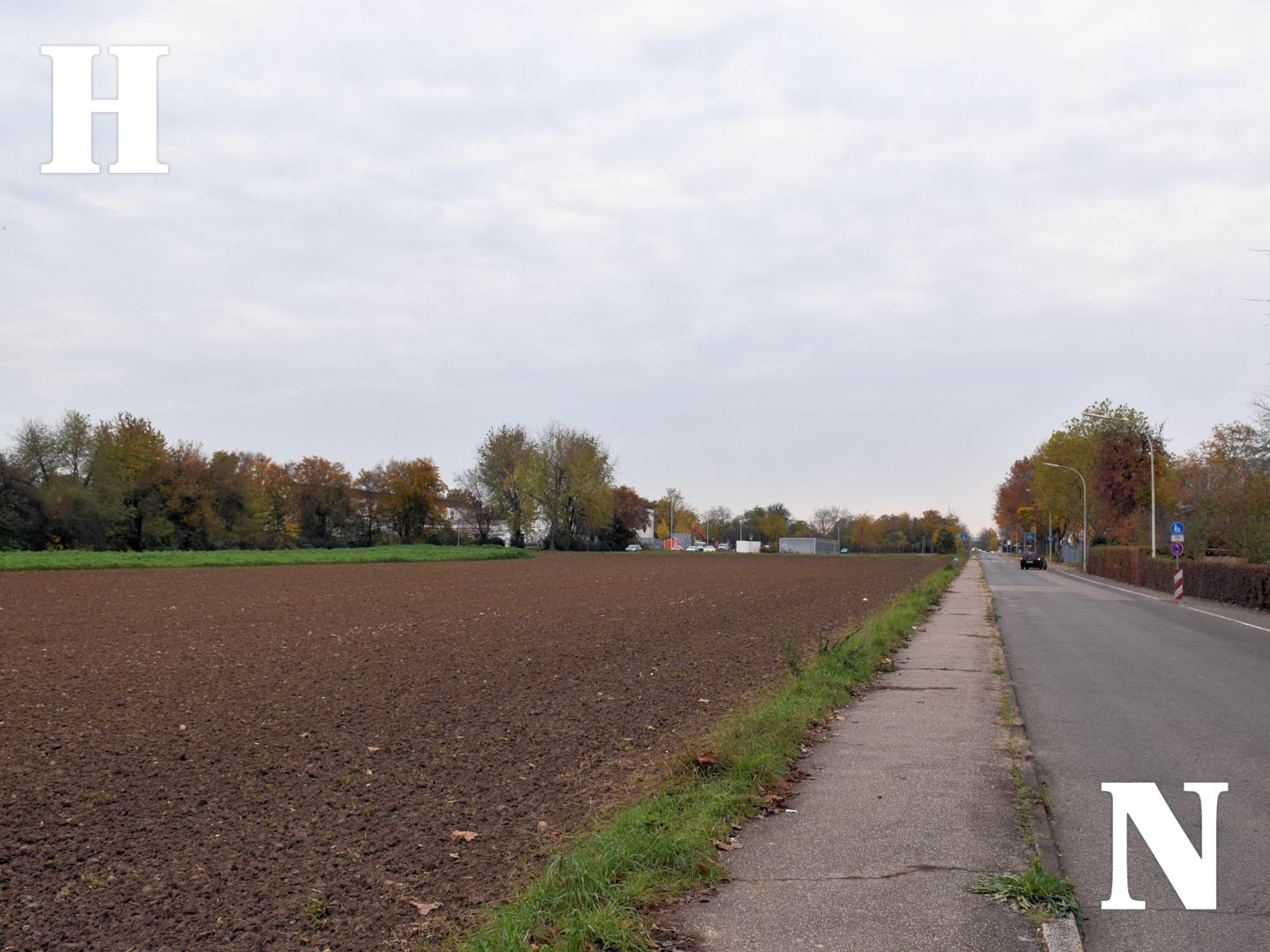Aktuelles Foto des Gebiets Längelter. Zu sehen ist ein unbebautes Feld, im Hintergrund stehen viele Bäume. Rechts vom Feld führen ein Gehweg und eine Straße entlang.