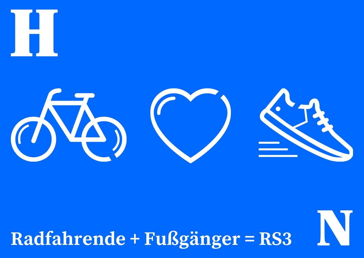 Auf blauem Hintergrund sind weiße Piktogramme abgebildet: Fahrrad, Herz und Laufschuh. Darunter steht in weißer Schrift Radfahrende + Fußgänger = RS3
