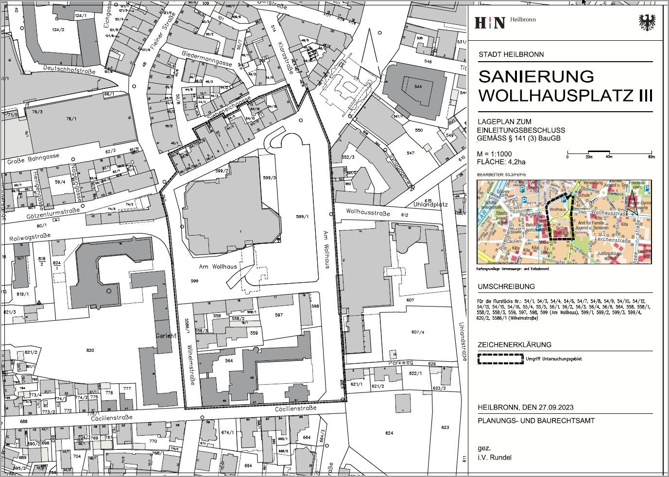 Lageplan des Untersuchungsgebiets. Das Gebiet wird im Norden von der Fußgängerzone Am Wollhaus abgegrenzt, im Osten von der Straße am Wollhaus, im Süden von mehrgeschossigen Gebäuden gegenüber des Wollhauses und im Westen von der Rollwagstraße.