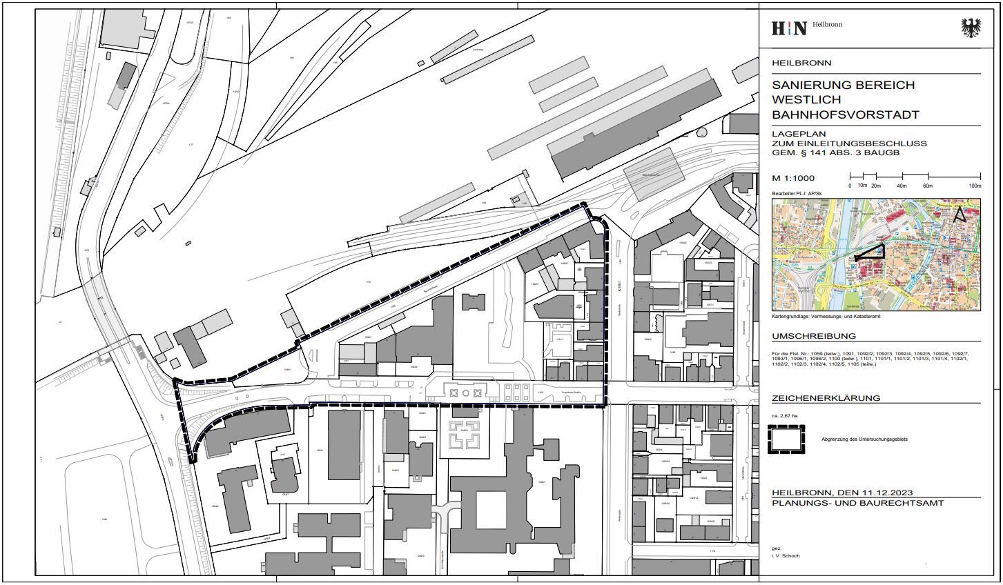 Lageplan des Untersuchungsgebiets. Das Gebiet wird im Norden von der Bahnhofstraße und der Gleisanlage der Stadtbahn abgegrenzt, im Osten von der Weststraße, im Süden von der Frankfurter Straße und im Westen von der Theresienstraße.