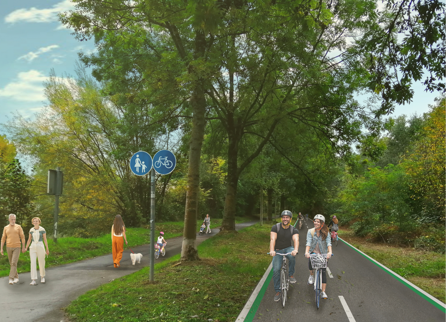Visualisierung, wie der Streckenabschnitt der Radschnellverbindung RS3 im Stadtgebiet Heilbronn, Höhe Neckargartach, aussehen könnte. Der jetzige Rad- und Fußweg wäre demnach nur noch ein Radweg. Rechts daneben (Richtung Süden blickend) verläuft ein neuer Radweg. Der Radweg und der Fußweg werden von der bereits bestehenden Baumreihe getrennt.