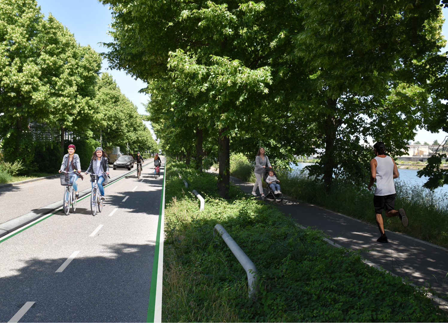 Visualisierung, wie der Streckenabschnitt der Radschnellverbindung RS3 im Stadtgebiet Heilbronn, Höhe Möbel Rieger/Pflanzen Kölle, aussehen könnte. Der bereits bestehende Rad- und Fußweg entlang des Neckars wäre nur noch ein Fußweg. Für den Radweg würde ein Teil der Straße Im Neckargarten genommen werden.