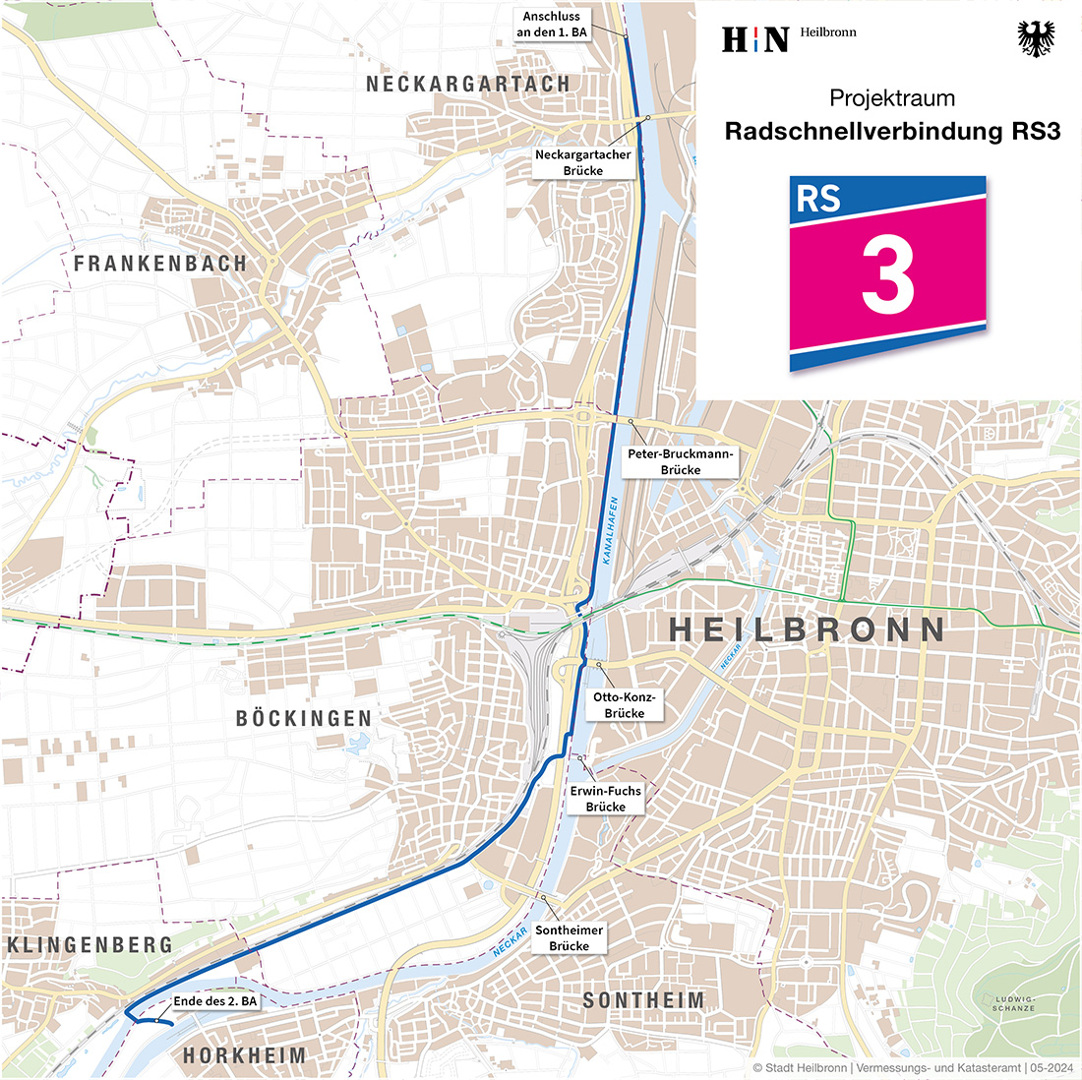 Auf einer Heilbronner Stadtkarte ist die von der Stadt Heilbronn vorgeschlagene Route für die Radschnellverbindung RS3 eingezeichnet. Sie führt von Neckargartach bis zur Höhe der Böckinger Viehweide den Neckar entlang. Ab dem Bereich Viehweide sieht der Vorschlag vor, dass die Trasse entlang der Bahngleise der Strecke Stuttgart-Heilbronn verläuft. Ende der Trasse ist am Klingenberger Steg.