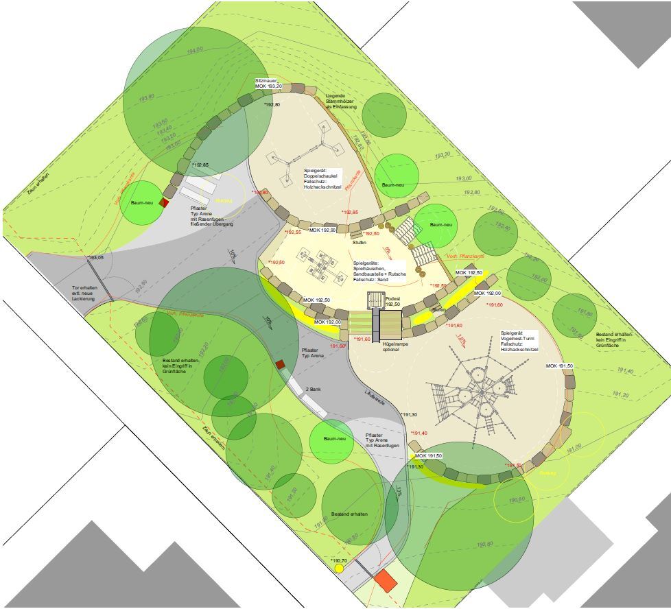 Entwurf des Kinderspielplatzes Brahmsstraße. Zentrales Spielelement des neuen Spielplatzes soll ein sogenannter Vogelnestturm sein, auf dem die Kinder ausgiebig klettern können. Daneben sind eine Doppelslchaukel, ein Spielhäuschen sowie eine Rutsche geplant. Ein Sandbereich mit Sandbaustelle ergänzt das Spielangebot. Bestehende und neu gepflanzte Bäume sowie Sitzgelegenheiten laden zum Verweilen ein.